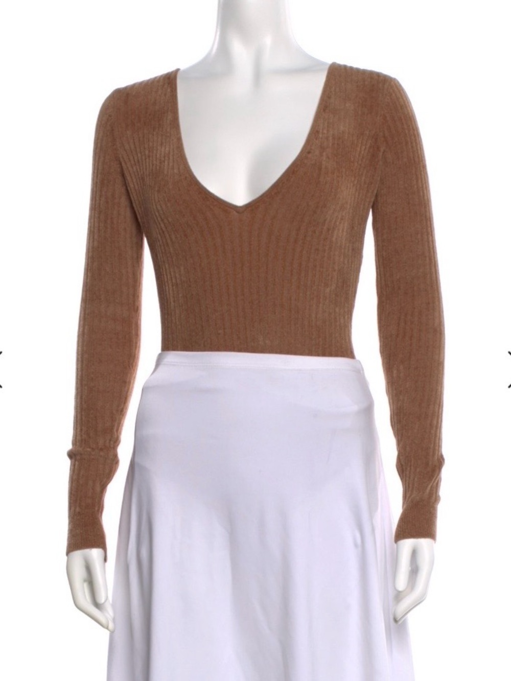 Ronny Kobo Collection Ribbed V-Neck Sweater Top - Brown